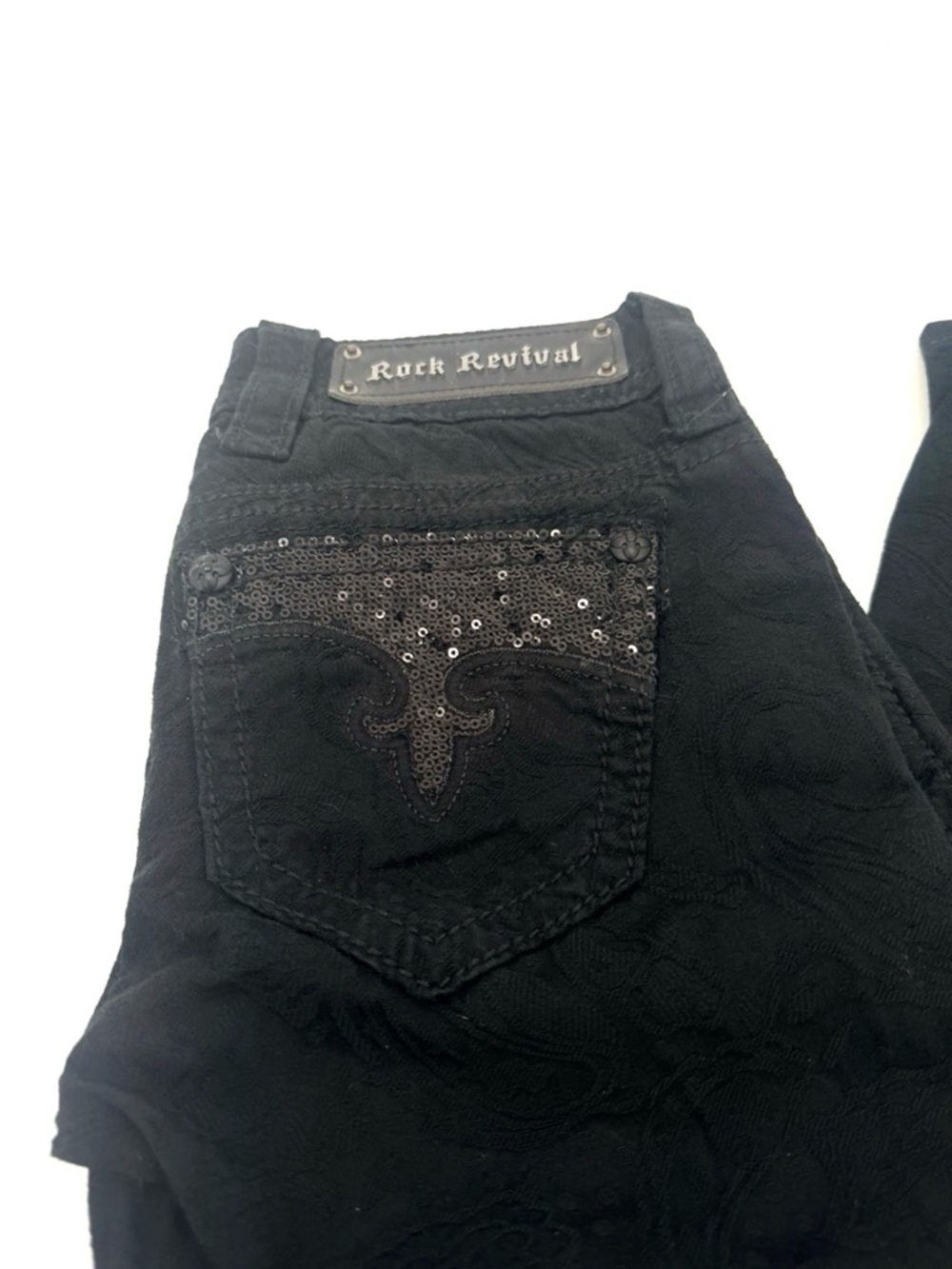 Rock Revival Black Paisley Print Size 24 Skinny Jeans Low Rise Sequin Pockets - Picture 2 of 9